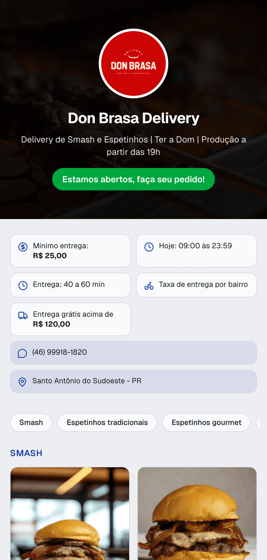 Cardápio online aberto no celular do cliente